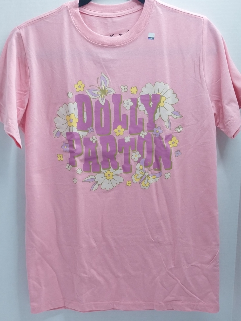 Dolly Parton Pink Floral Graphic Crew Tee Shirt --